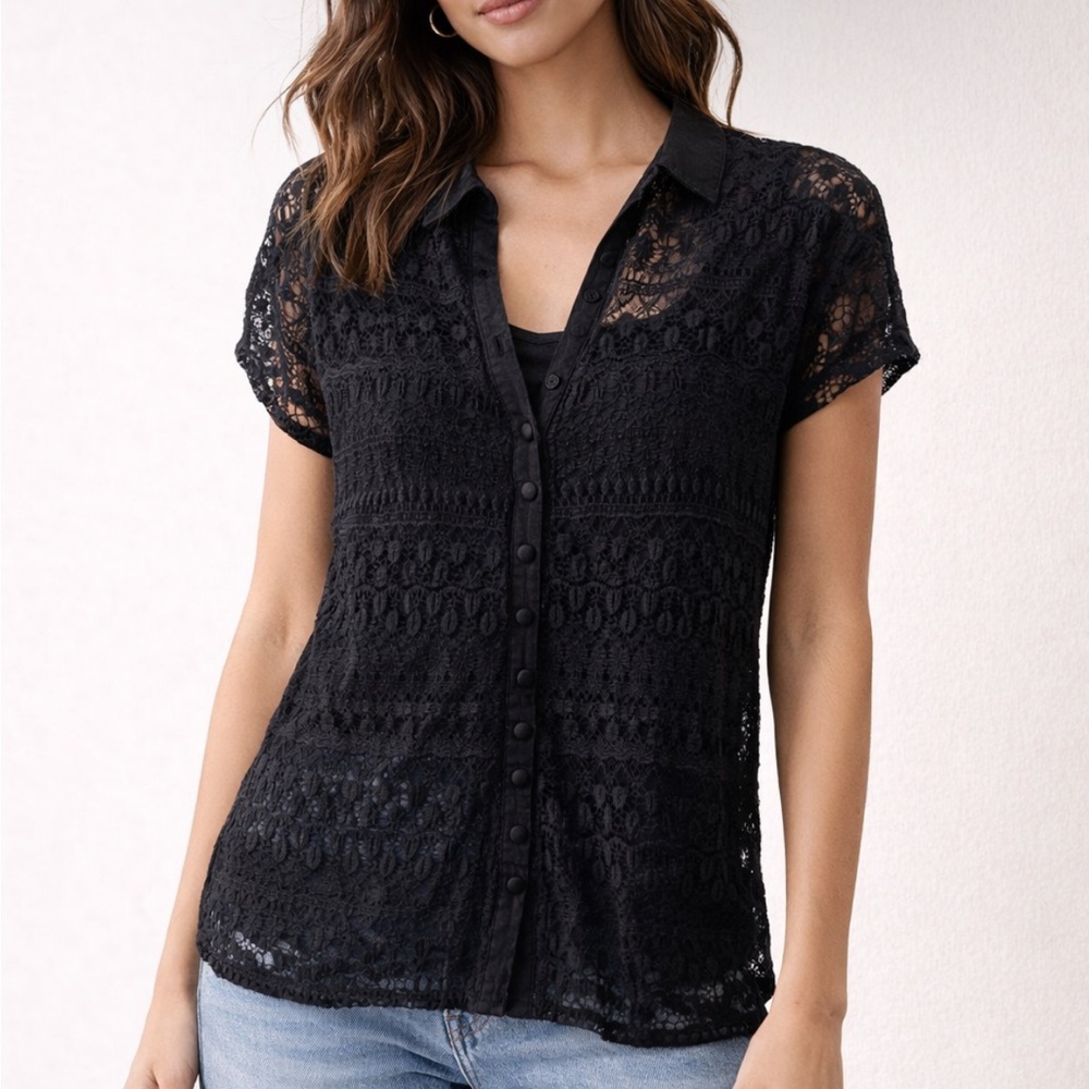 Alfani Lace Short Sleeve Button Up Blouse Top